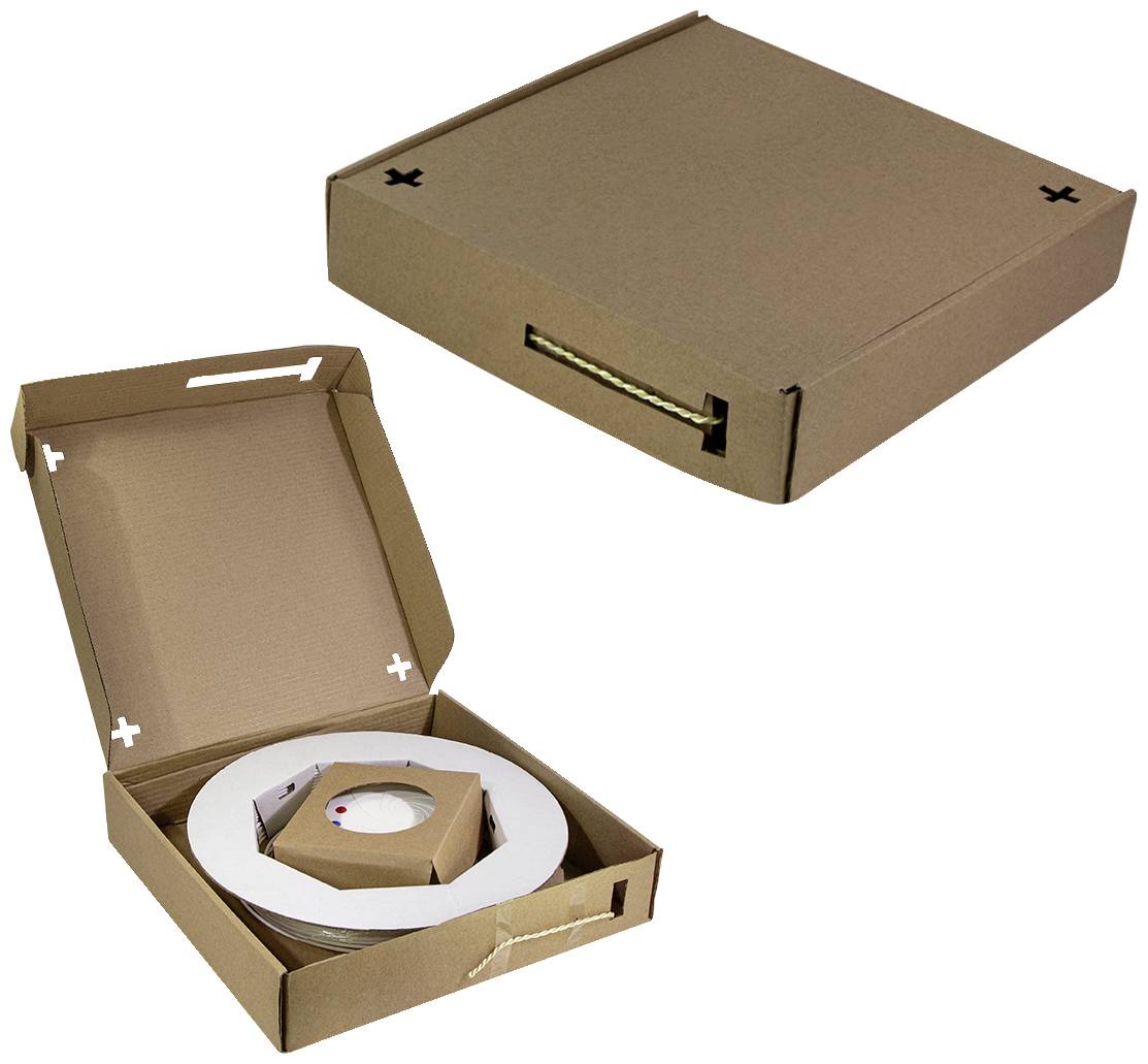 Kartonverpackung für Elektronikkomponenten, zeigt eine geöffnete Verpackung mit einer Spule und eine geschlossene Verpackung.