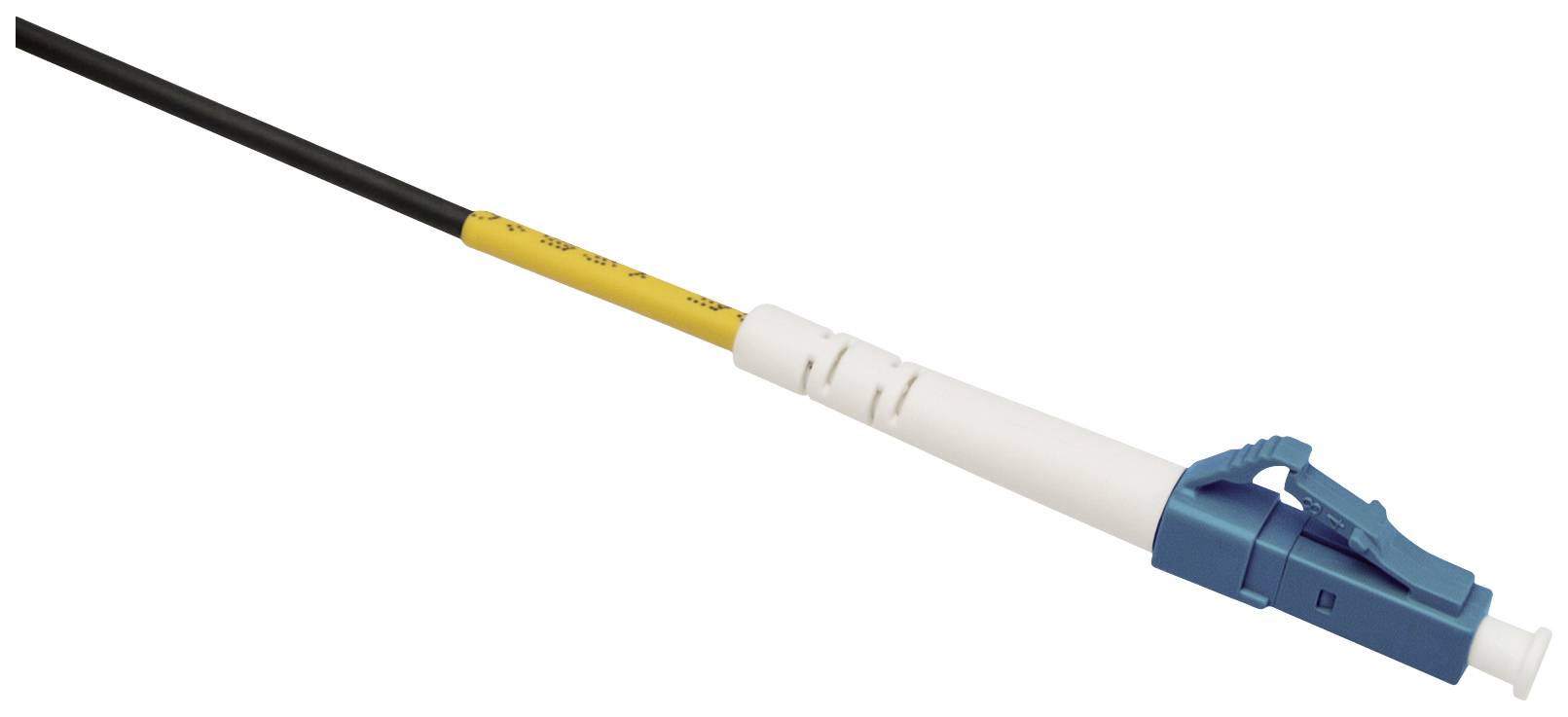 Ein blau-weißer LWL-Stecker mit gelbem Kabel und schwarzem Mantel, typischerweise für Netzwerkverbindungen verwendet.