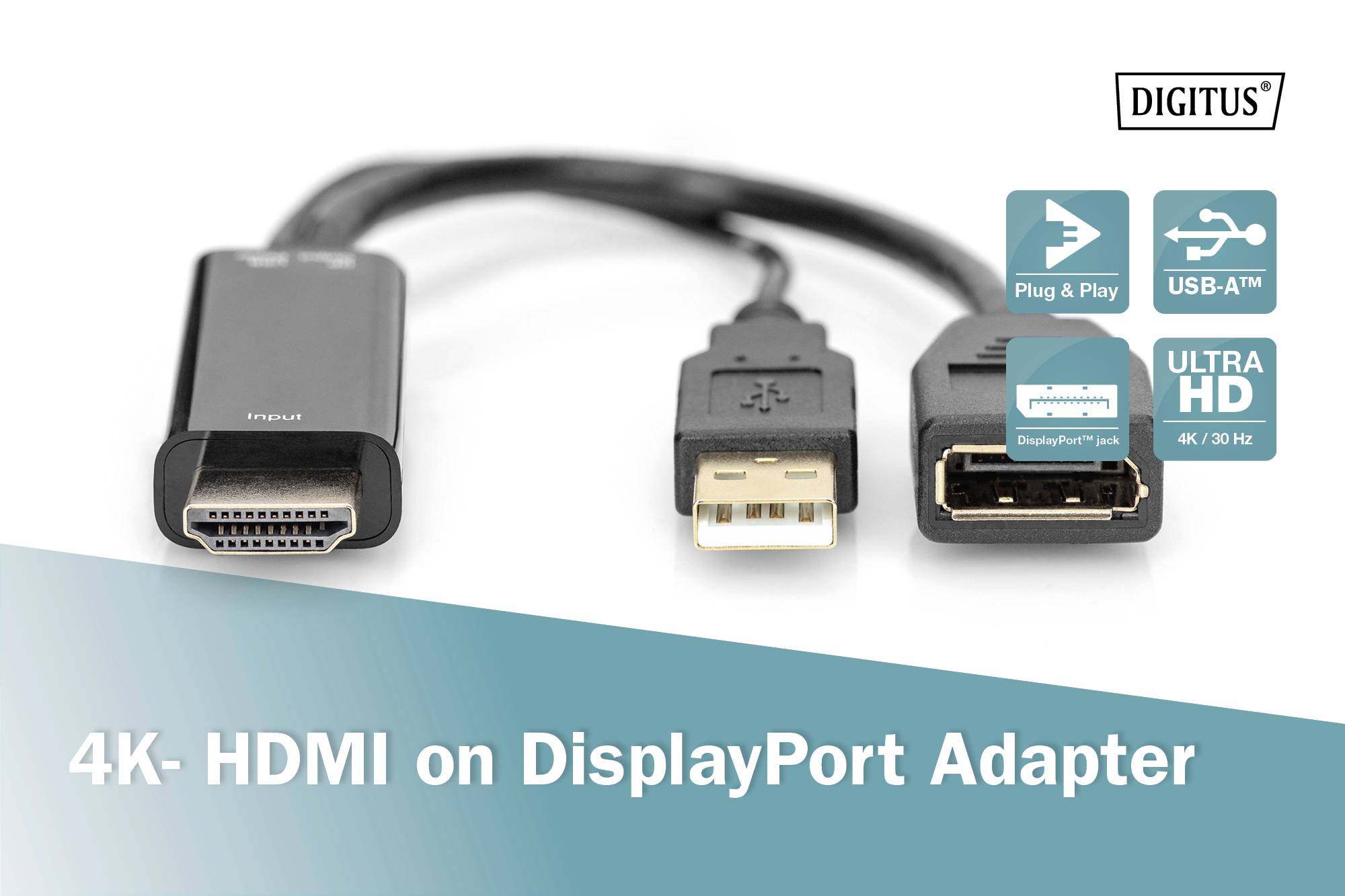 '4K-HDMI on DisplayPort Adapter' zeigt Adapterkabel mit HDMI, USB-A und DisplayPort-Anschlüssen, unterstützt 4K/30 Hz, Plug & Play.