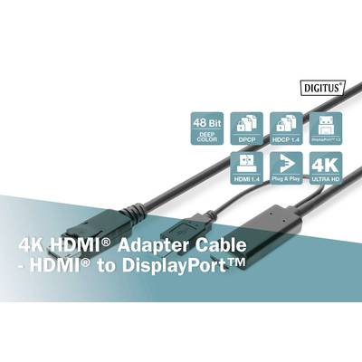 '4K HDMI® Adapterkabel - HDMI® auf DisplayPort™' wird gezeigt. Enthält Symbole für 48 Bit Deep Color, DPCP, HDCP, Plug & Play und 4K Ultra HD.