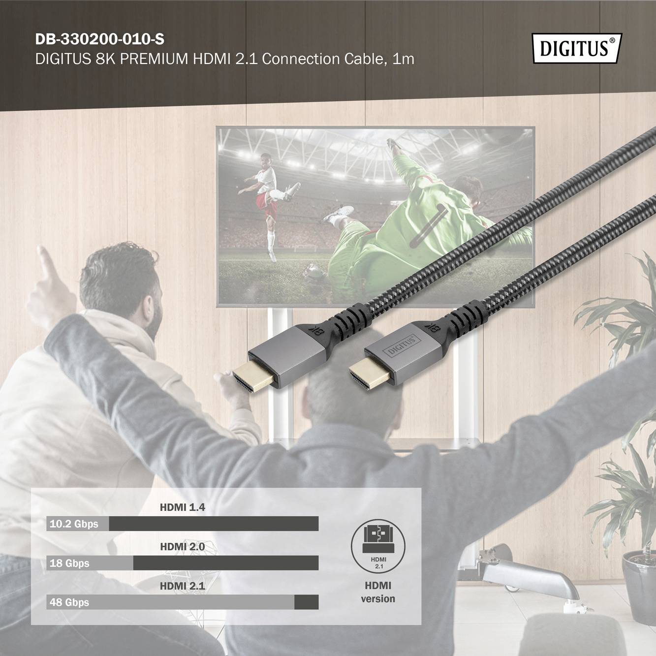 Digitus 8K HDMI 2.1 Kabel, 1m, geeignet für hochauflösende Videos und Audio, im Hintergrund Fußballspiel im Stadion auf TV.
