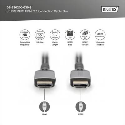 'HDMI-Kabel mit 8K Auflösung, 3D-Support, 3m Länge, Typ HDMI, HDCP-Unterstützung und 21:9 Ultrawide-Verhältnis.'