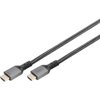 Schwarzes HDMI-Kabel mit Metallclips, geeignet für hochauflösende Videoübertragungen. Zwei Enden mit Steckverbindern sichtbar.