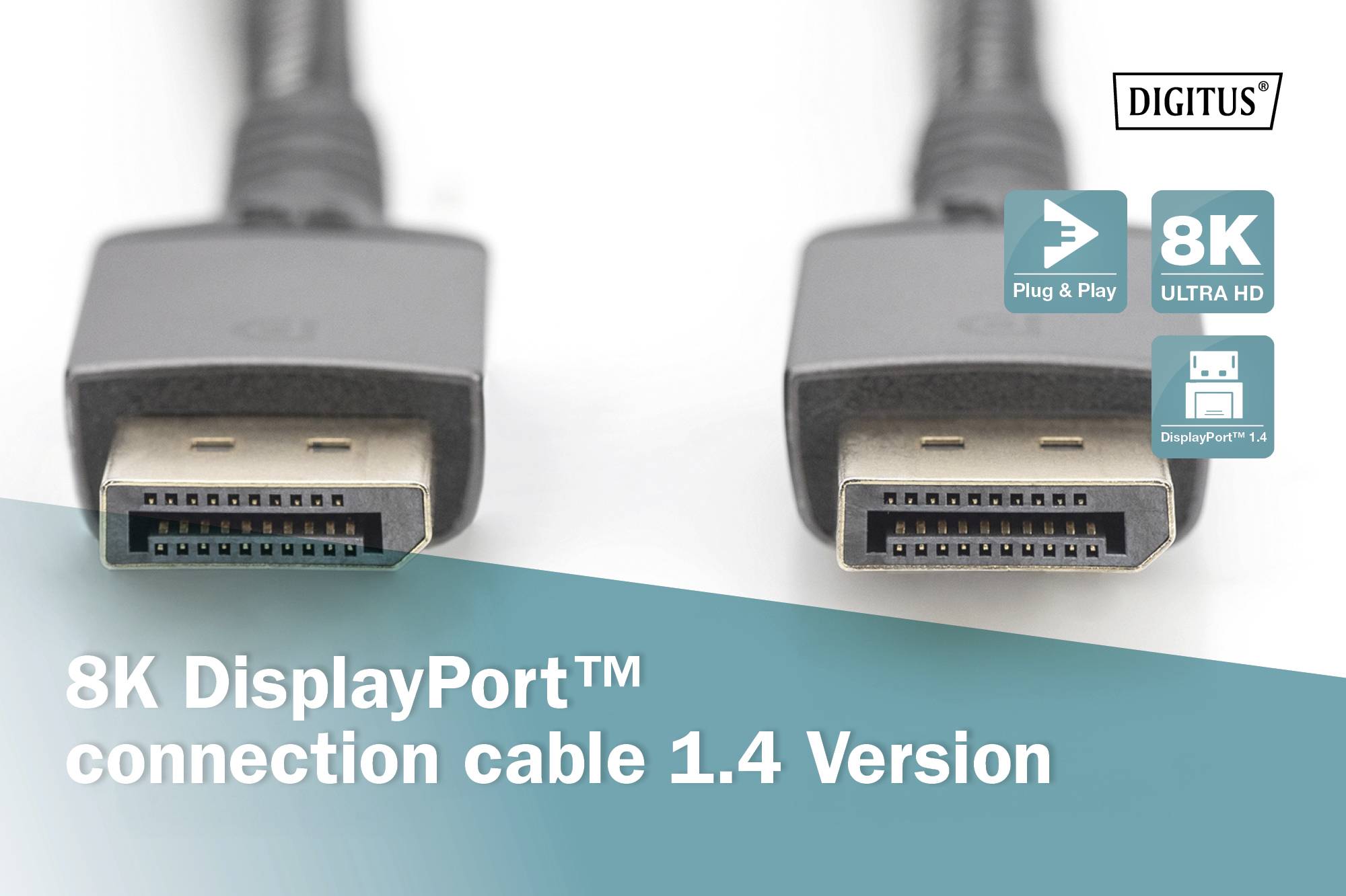 Zwei DisplayPort-Stecker und ein Werbetext: '8K DisplayPort™ connection cable 1.4 Version', in blauem Feld, Fokus auf die Anschlüsse.