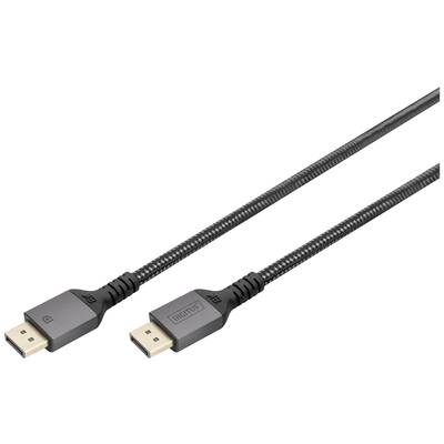 Ein schwarzes DisplayPort-Kabel mit Metallanschlüssen für die digitale Bildübertragung zwischen Geräten.