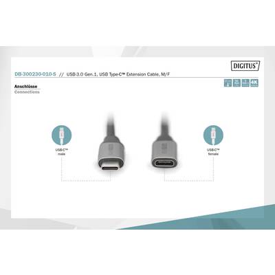'Digitus USB Type-C 3.0 Verlängerungskabel, männlich zu weiblich. Abbildung zeigt beide Anschlüsse mit Symbolen.'