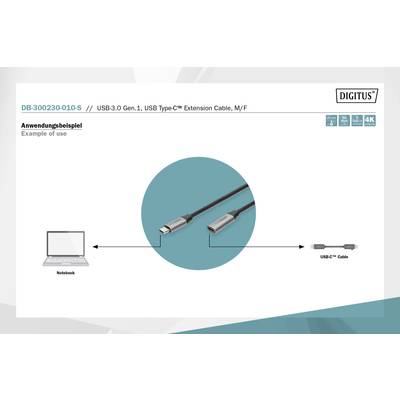 'USB 3.0 Gen.1, USB Type-C™ Verlängerungskabel, M/F' zeigt Kabelanschluss zwischen Notebook und USB-C Kabel. Oben rechts Logo und Icons.