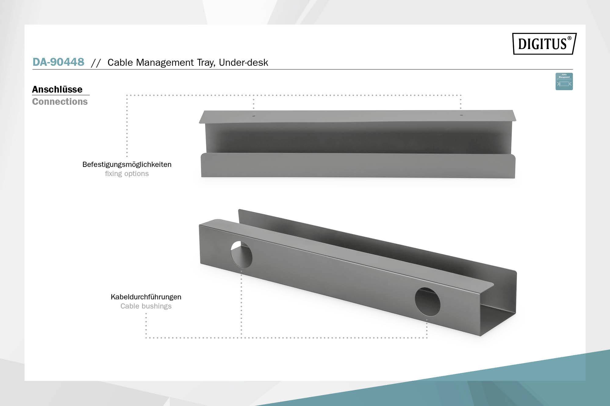 'Kabelmanagementschiene zur Untertischmontage mit Befestigungsmöglichkeiten und Kabeldurchführungen. Hersteller: Digitus.'