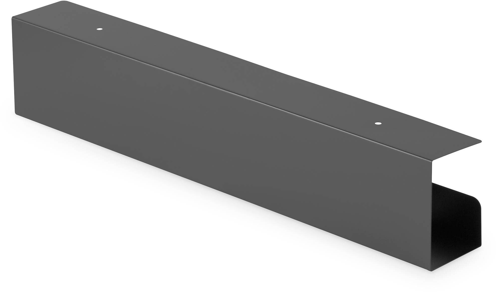 Ein schwarzes rechteckiges Metallobjekt, das wie ein Kabelkanal aussieht, mit zwei Befestigungslöchern oben.