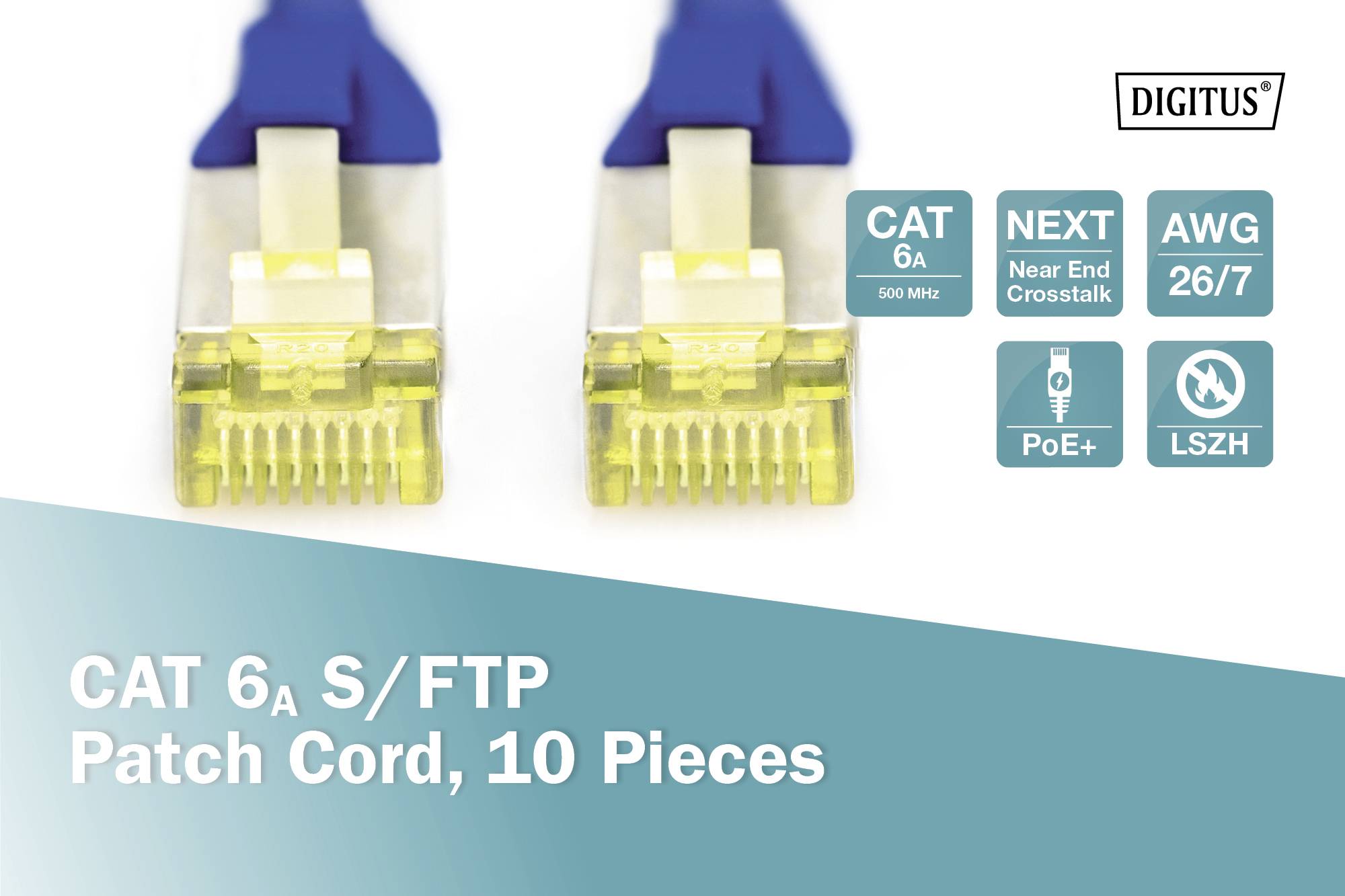 Zwei CAT 6a S/FTP Patchkabel-Stecker, beschriftet mit 'CAT 6a', 'NEXT', 'AWG 26/7', 'PoE+', 'LSZH'. Text: 'CAT 6a S/FTP Patch Cord, 10 Pieces'.