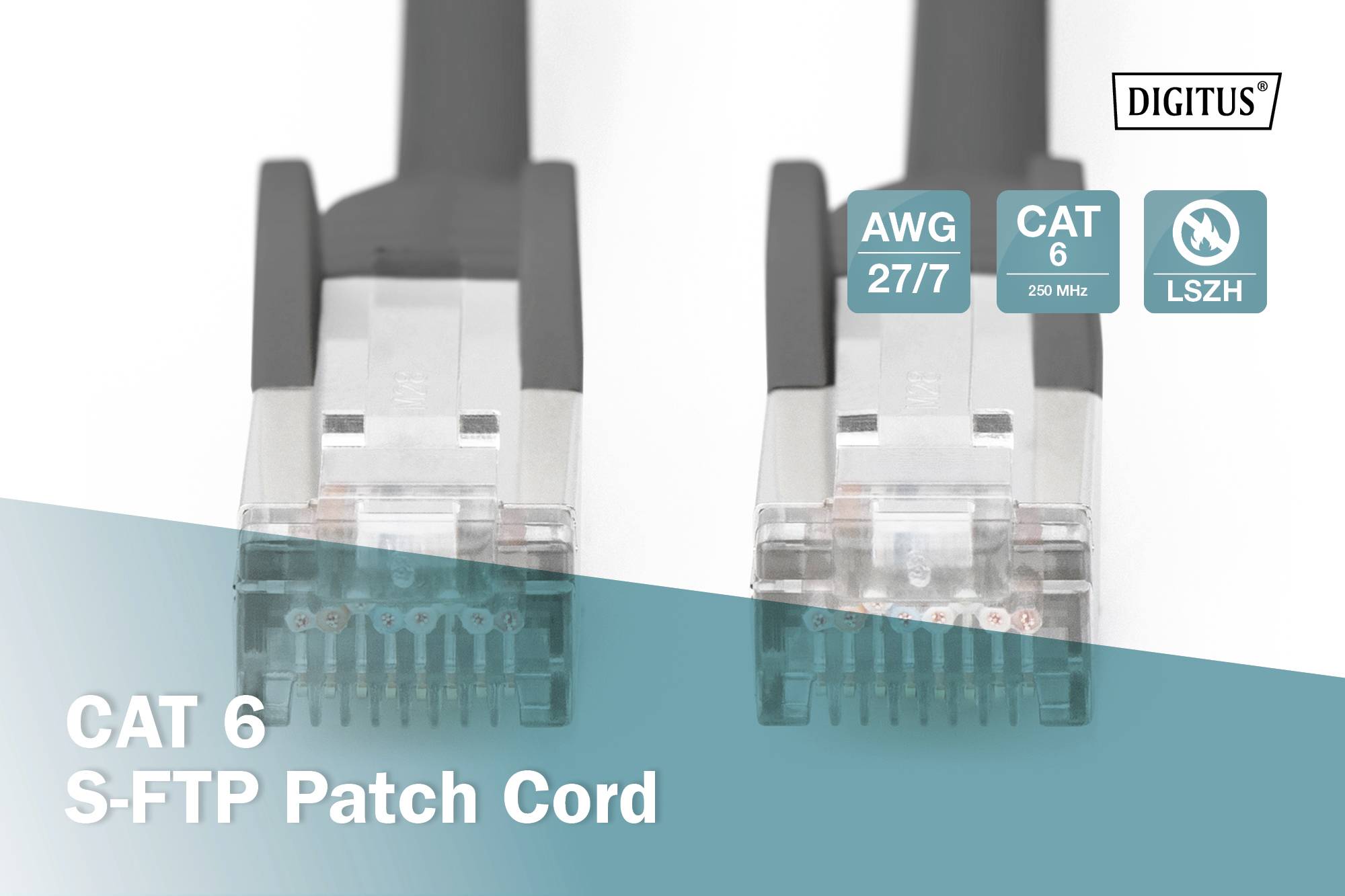 Ein CAT 6 S-FTP Patchkabel mit LSZH bezeichnet. Zeigt zwei RJ45-Stecker. Text: 'AWG 27/7', 'CAT 6 250 MHz', 'LSZH'. Markenzeichen oben rechts.