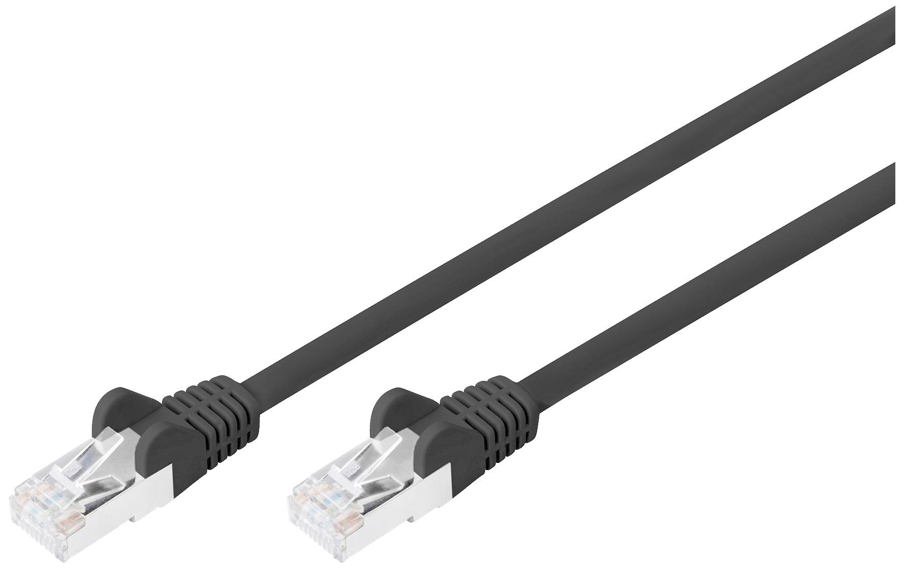 Zwei schwarze Netzwerkkabel mit RJ45-Steckern, verbunden für Datenübertragung, auf weißem Hintergrund.