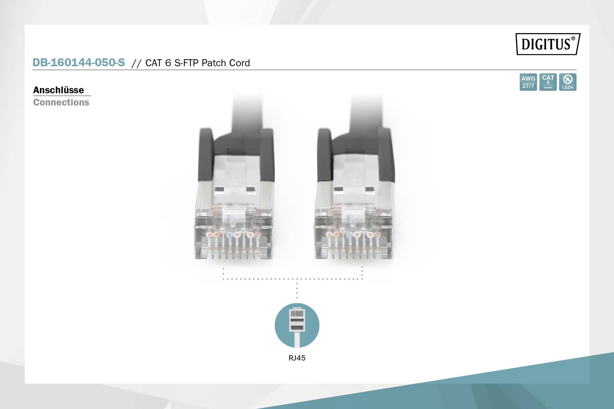 'Zwei RJ45-Stecker von einem CAT 6 S/FTP Patchkabel. Text: DB-160144-050/S und Anschlüsse. Das Icon zeigt RJ45-Anschlüsse.'