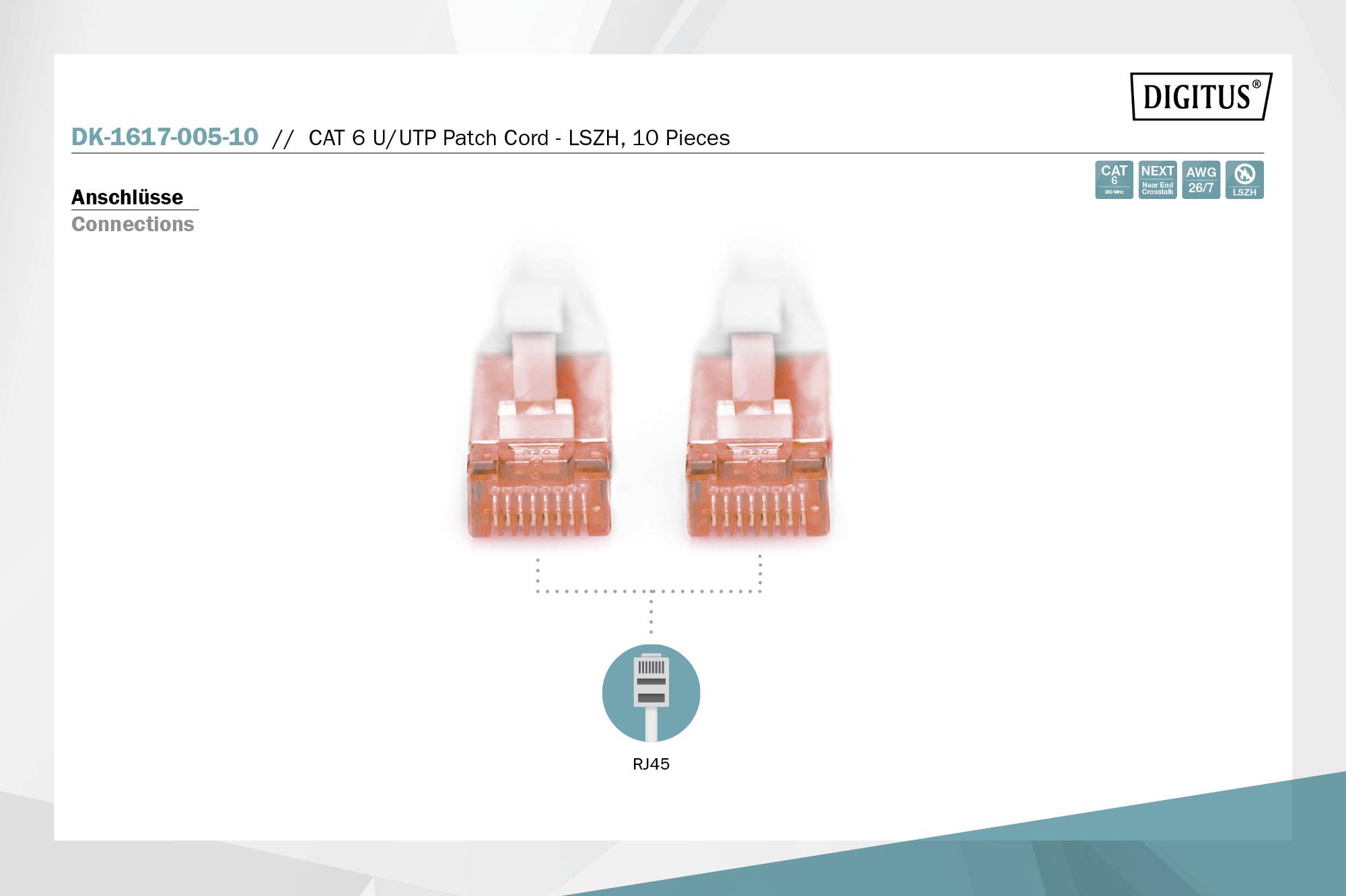 'Zwei orangefarbene RJ45-Stecker auf weißem Hintergrund, verbunden mit einem CAT 6 U/UTP Patchkabel - LSZH, 10 Stück.'