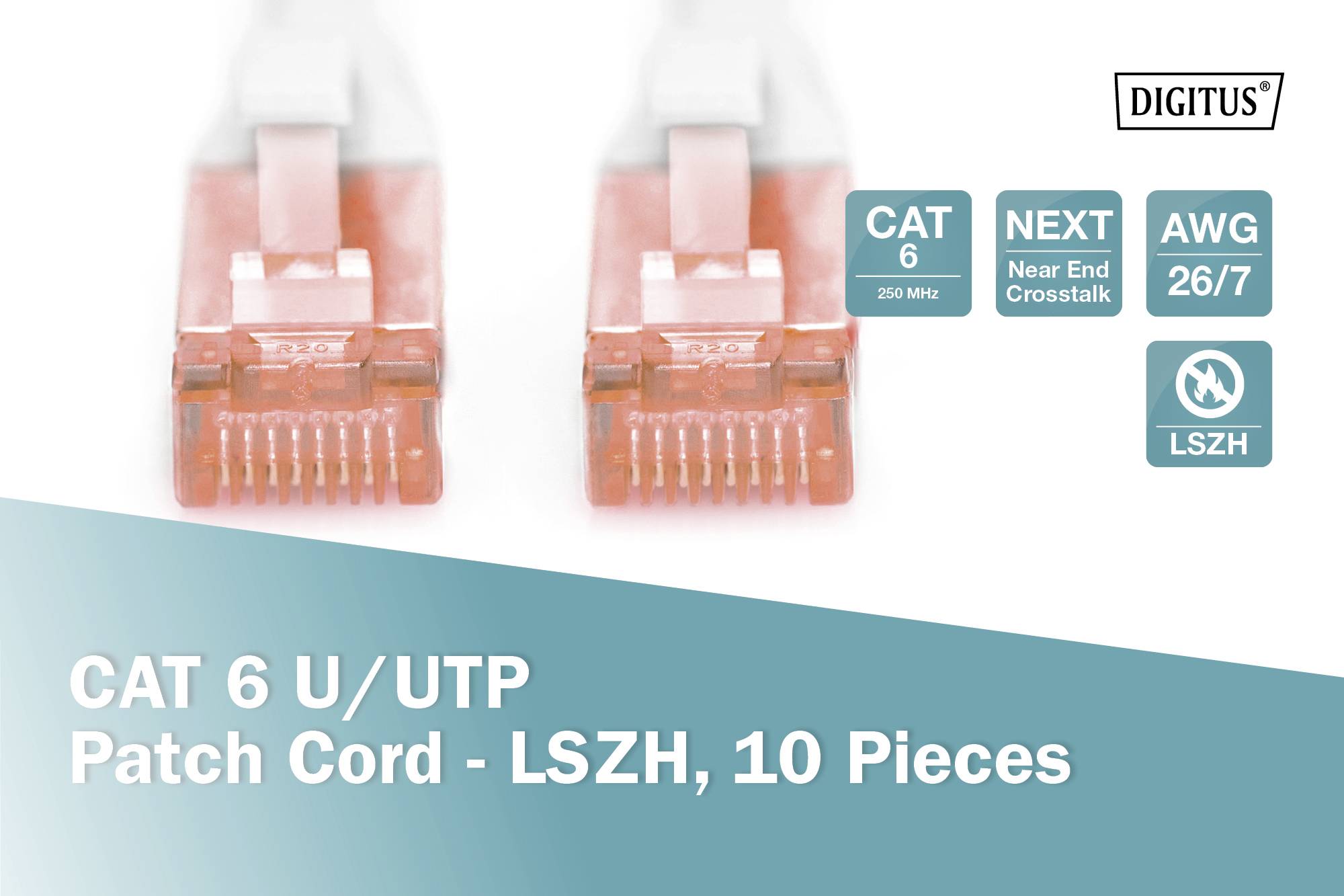 'Zwei CAT 6 U/UTP Patchkabel mit LSZH-Mantel, 10er-Pack. Geeignet für 250 MHz, reduziert Nahnebensprechen, AWG 26/7.'