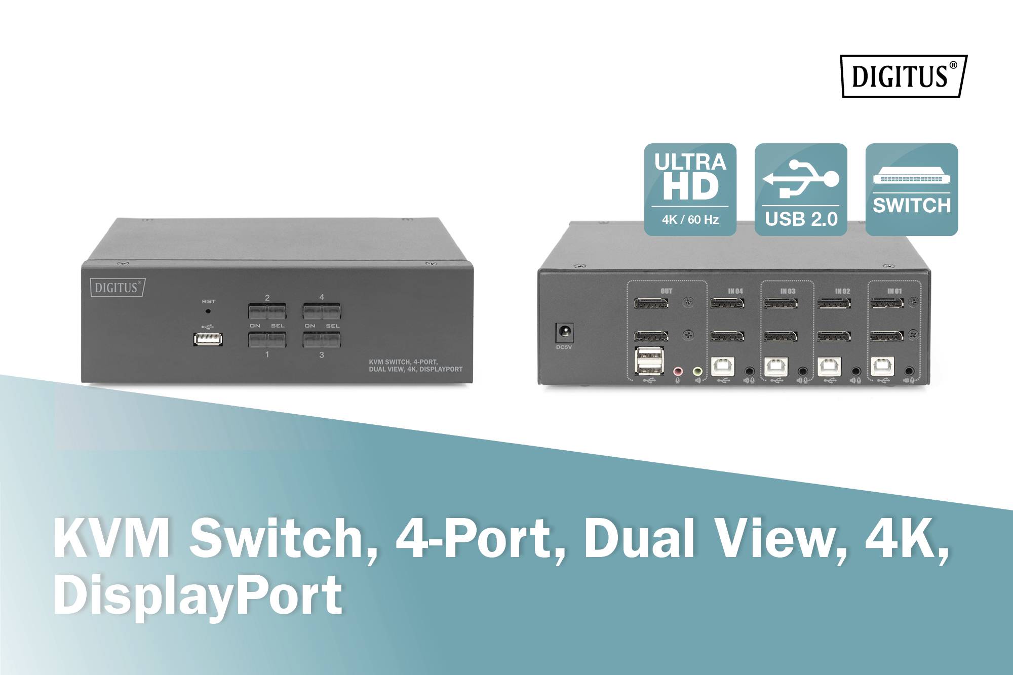 'Digitus' KVM-Switch mit 4 Ports, Dual View, 4K-Unterstützung und DisplayPort, USB-2.0-Anschlüsse, Ultra HD 60Hz, Schalter.