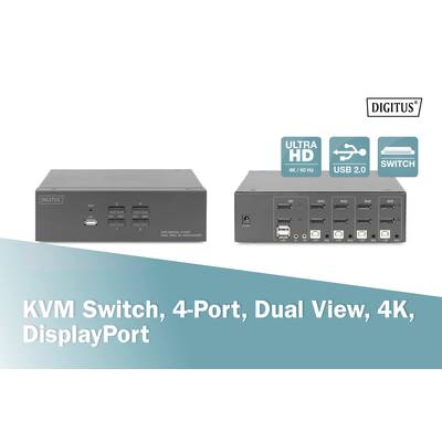 'Digitus' KVM-Switch mit 4 Ports, Dual View, 4K-Unterstützung und DisplayPort, USB-2.0-Anschlüsse, Ultra HD 60Hz, Schalter.