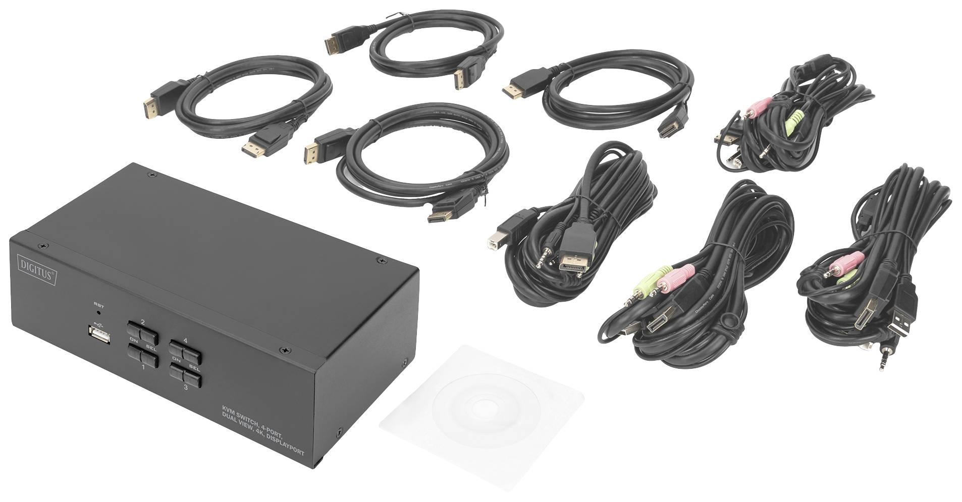 Ein schwarzer KVM-Switch mit mehreren Kabeln und Zubehör, einschließlich HDMI- und Audiokabeln, zur Verbindung von mehreren Geräten.