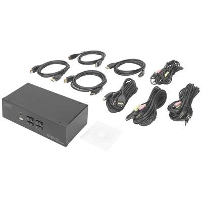 Ein schwarzer KVM-Switch mit mehreren Kabeln und Zubehör, einschließlich HDMI- und Audiokabeln, zur Verbindung von mehreren Geräten.