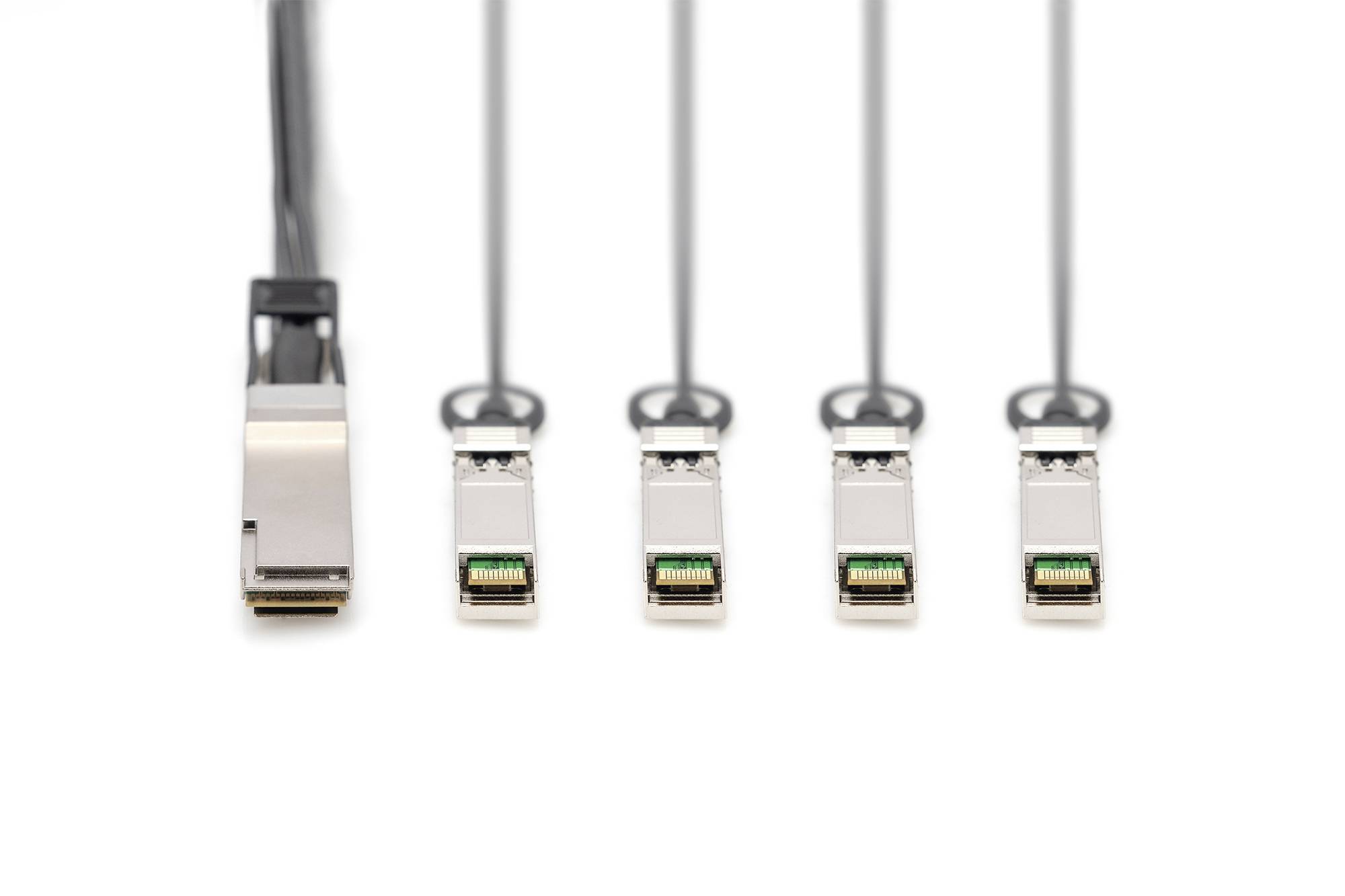 Ein Kabel mit einem Stecker links teilt sich in vier identische Stecker rechts. Sie sind optische Verbindungen, oft in Netzwerken genutzt.