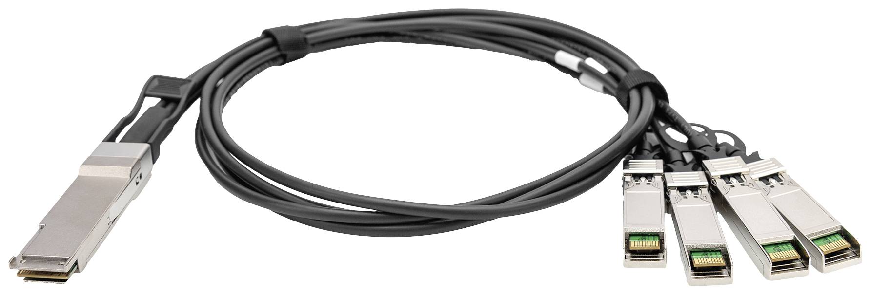 Ein schwarzes Kabel mit einem großen Stecker an einem Ende und vier kleineren Steckern am anderen Ende für Netzwerkverbindungen.