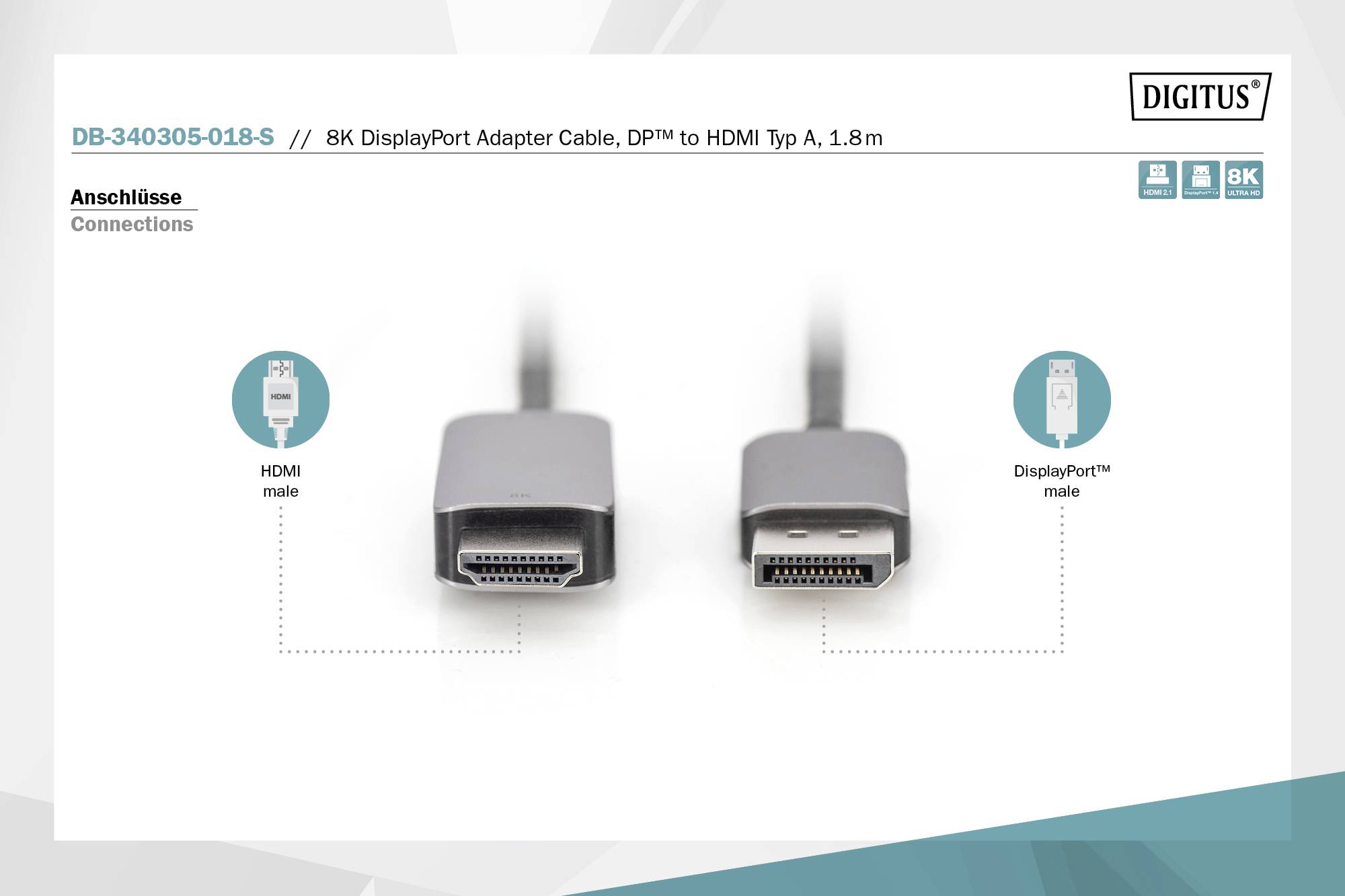 'Kabelfoto zeigt zwei Stecker: links HDMI male, rechts DisplayPort male; Verwendung: 8K DisplayPort Adapterkabel, 1,8 m Länge.'