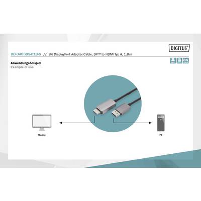 '8K DisplayPort-Adapterkabel, DPM zu HDMI Typ A, 1,8 m.' Diagramm zeigt Verbindung zwischen Monitor und PC über das Kabel.