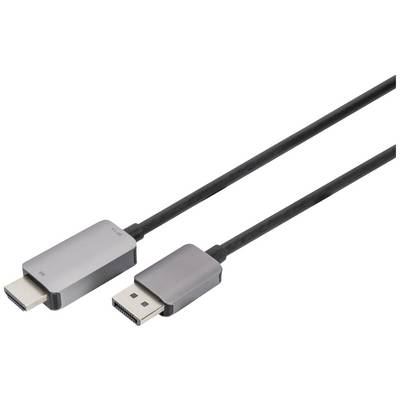 Zwei Kabel mit Anschlüssen: links ein HDMI-Stecker, rechts ein DisplayPort-Stecker. Die Kabel sind schwarz.