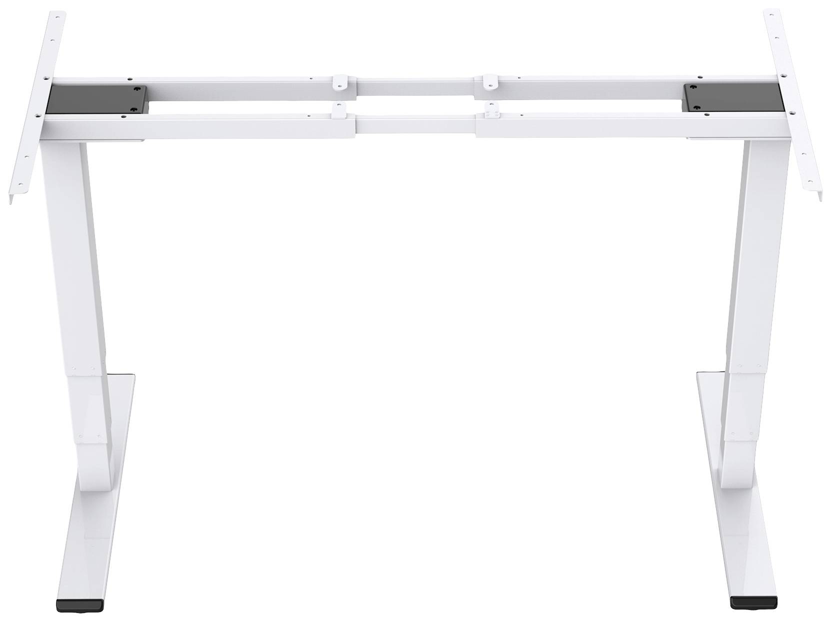 Weißer höhenverstellbarer Tischgestell ohne Tischplatte, freistehend auf zwei Beinen, geeignet für den Einsatz in Büros oder Home Offices.