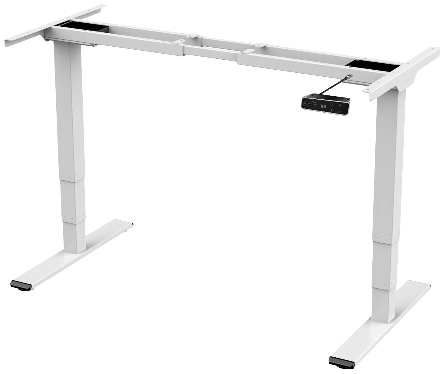 Elektrisch höhenverstellbares Tischgestell in Weiß mit Bedienelement, ideal zur Anpassung der Arbeitshöhe.