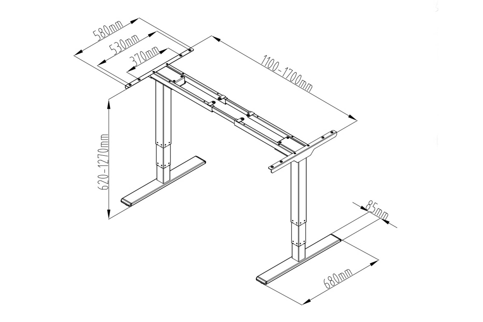 Höhenverstellbarer Schreibtischrahmen, 3-stufiges Design, Maße: Höhe 620-1270 mm, Breite 100-1700 mm, Tiefe 580-680 mm.