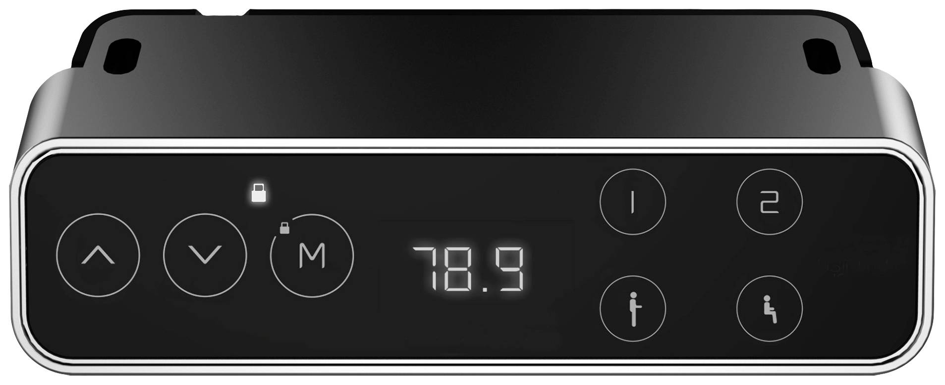 Digitales Display eines Geräts mit Steuerungstasten und Anzeige '78,9'. Links sind Pfeiltasten und 'M'-Taste, rechts gibt es zwei Funktionstasten.