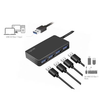 Ein USB-Hub mit vier USB 3.2 Gen 1 Anschlüssen verbindet mehrere Geräte mit einem Computer. Diagramme zeigen die Eingabe- und Ausgabefunktionen.