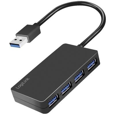 Ein schwarzer USB-Hub mit vier USB-Anschlüssen und einem abgehenden Kabel für den Anschluss an den Computer.