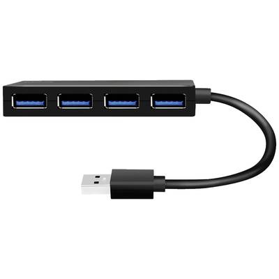 Schwarzer USB-Hub mit vier blauen Anschlüssen und einem kurzen USB-Kabel.