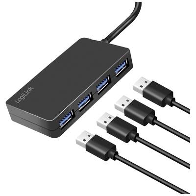 Ein schwarzer USB-Hub mit vier angeschlossenen USB-Kabeln; das Gerät hat die Aufschrift 'LogiLink'.