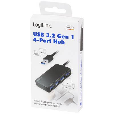 Verpackung eines LogiLink USB 3.2 Gen 1 4-Port Hubs mit Abbildungen des Produkts und Anschlussdetails. Designed in Germany.