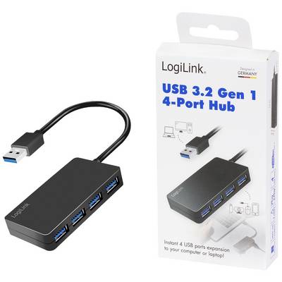 USB 3.2 Gen 1 4-Port Hub von LogiLink. Schwarzer Hub mit vier blauen USB-Anschlüssen und mitgeliefertem Kabel. Verpackung rechts im Bild.
