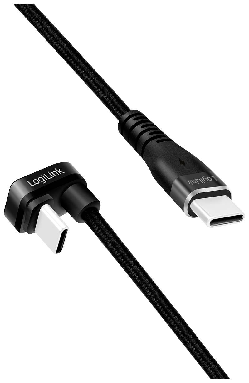 Ein schwarzes USB-C-Kabel mit einem rechten Winkelstecker auf der einen Seite und einem geraden Stecker auf der anderen, beide beschriftet.