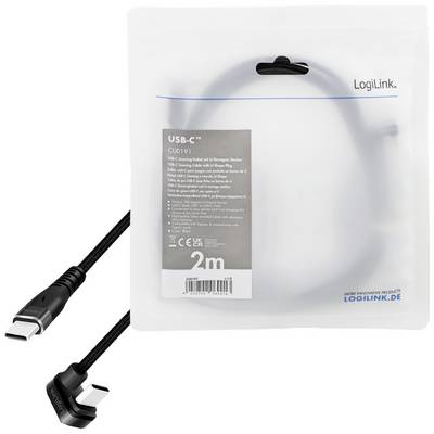 'LogiLink USB-C Kabel, 2 Meter, schwarz, mit gewinkeltem Anschluss, in Kunststoffverpackung.'