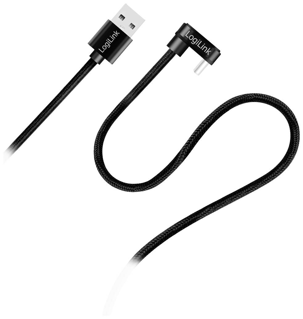 Ein schwarzes USB-Kabel mit rechtwinkligem Micro-USB-Anschluss, Produkt von LogiLink. Text 'LogiLink' auf beiden Steckern sichtbar.