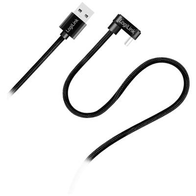 Ein schwarzes USB-Kabel mit rechtwinkligem Micro-USB-Anschluss, Produkt von LogiLink. Text 'LogiLink' auf beiden Steckern sichtbar.