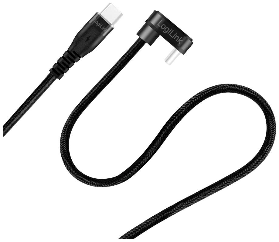 Ein schwarzes USB-C-Ladekabel mit einem abgewinkelten Stecker und einem geflochtenen Kabel.