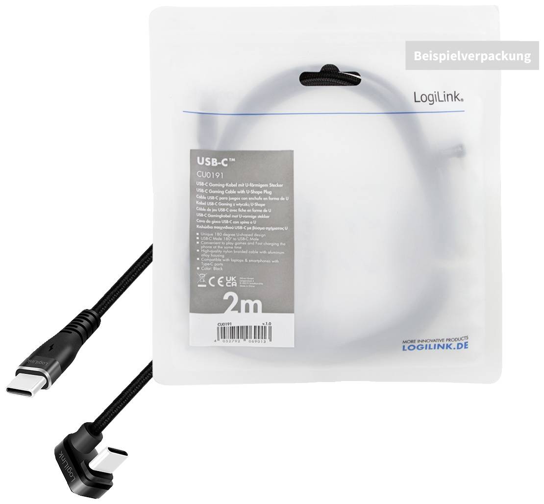 USB-C-Kabel von LogiLink, 2m Länge. Verpackung zeigt technische Spezifikationen. Kabel ist schwarz mit abgewinkelten Anschlüssen.
