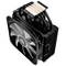 Ein schwarzer CPU-Kühler mit silbernem Lüfter, Kupfer-Heatpipes und schwarz lamellenförmigem Kühlkörper, dient zur Kühlung von Computerprozessoren.