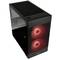 Schwarzes PC-Gehäuse mit roten LED-beleuchteten Lüftern auf der Vorderseite, teilweise transparentes Seitenteil.