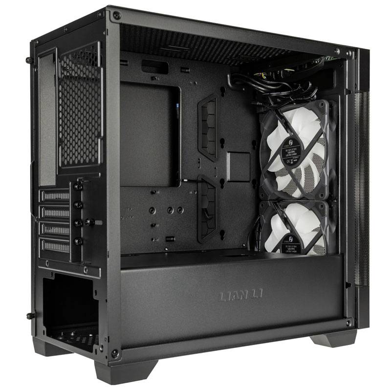 Schwarzes Computergehäuse mit offenem Seitenteil, zeigt zwei Lüfter an der Vorderseite und bietet Platz für Komponenteninstallation.