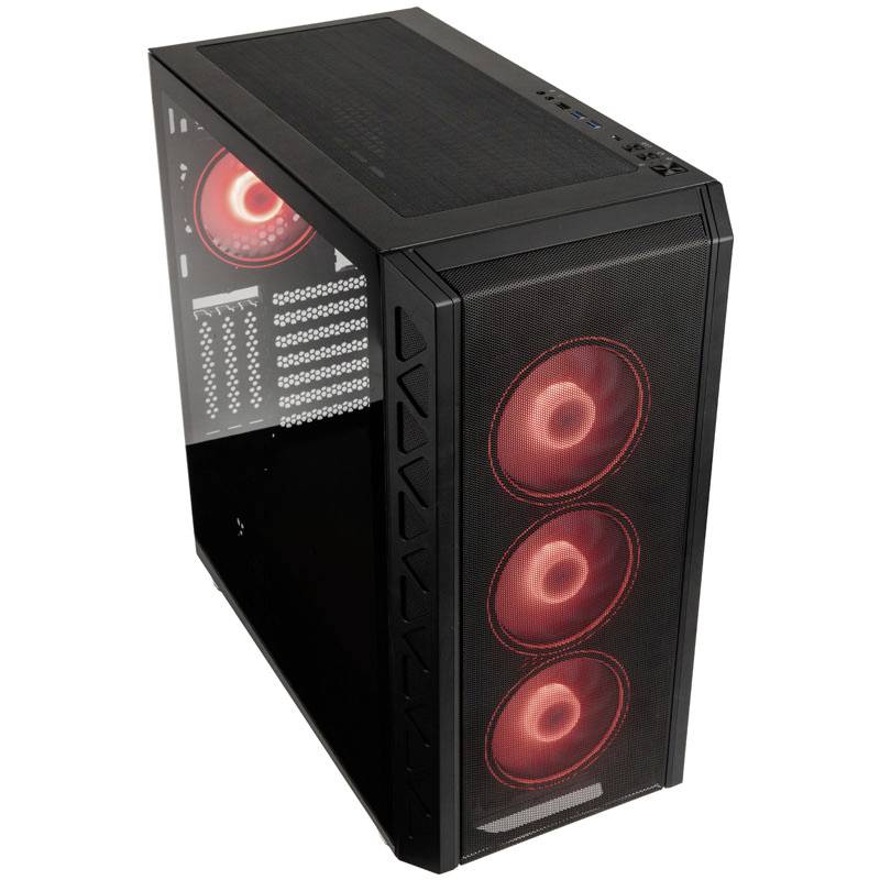 Ein schwarzes PC-Gehäuse mit vier rot beleuchteten Lüftern, drei an der Front und einer hinten. Oben befinden sich USB-Anschlüsse.