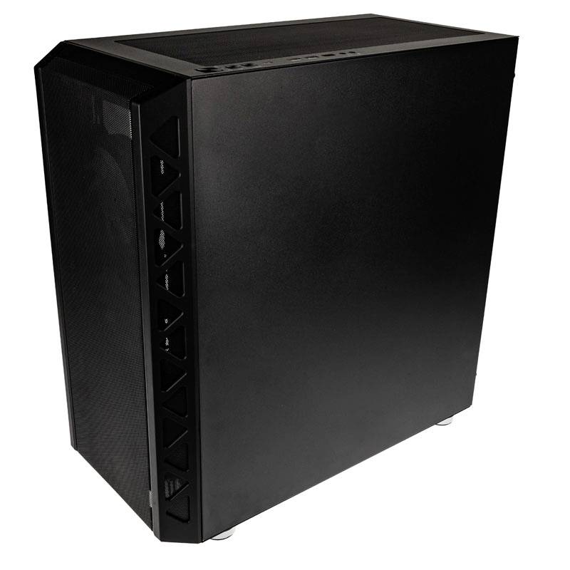 Schwarzes Computergehäuse in rechteckiger Form mit seitlichem Lüftungsgitter, geeignet für PCs in Büros oder Heimumgebungen.