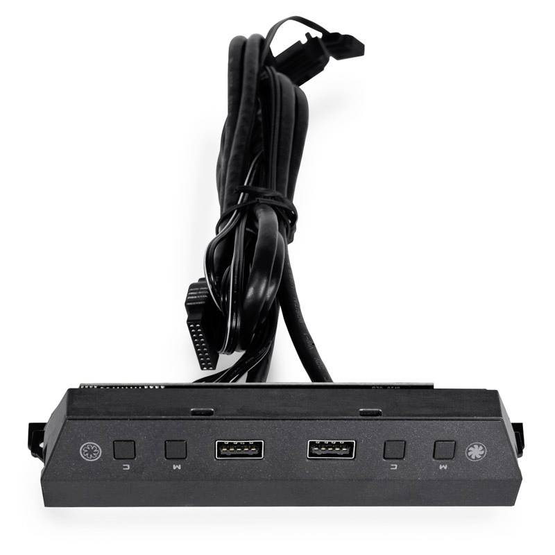 'Frontpanel mit zwei USB-Anschlüssen und Steuerungstasten für LED-Beleuchtung. Eignet sich zur Montage in einen PC.'